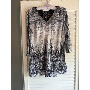 One World Live and let live Black & White tunic top Boho Y2K Lace Rhinestones